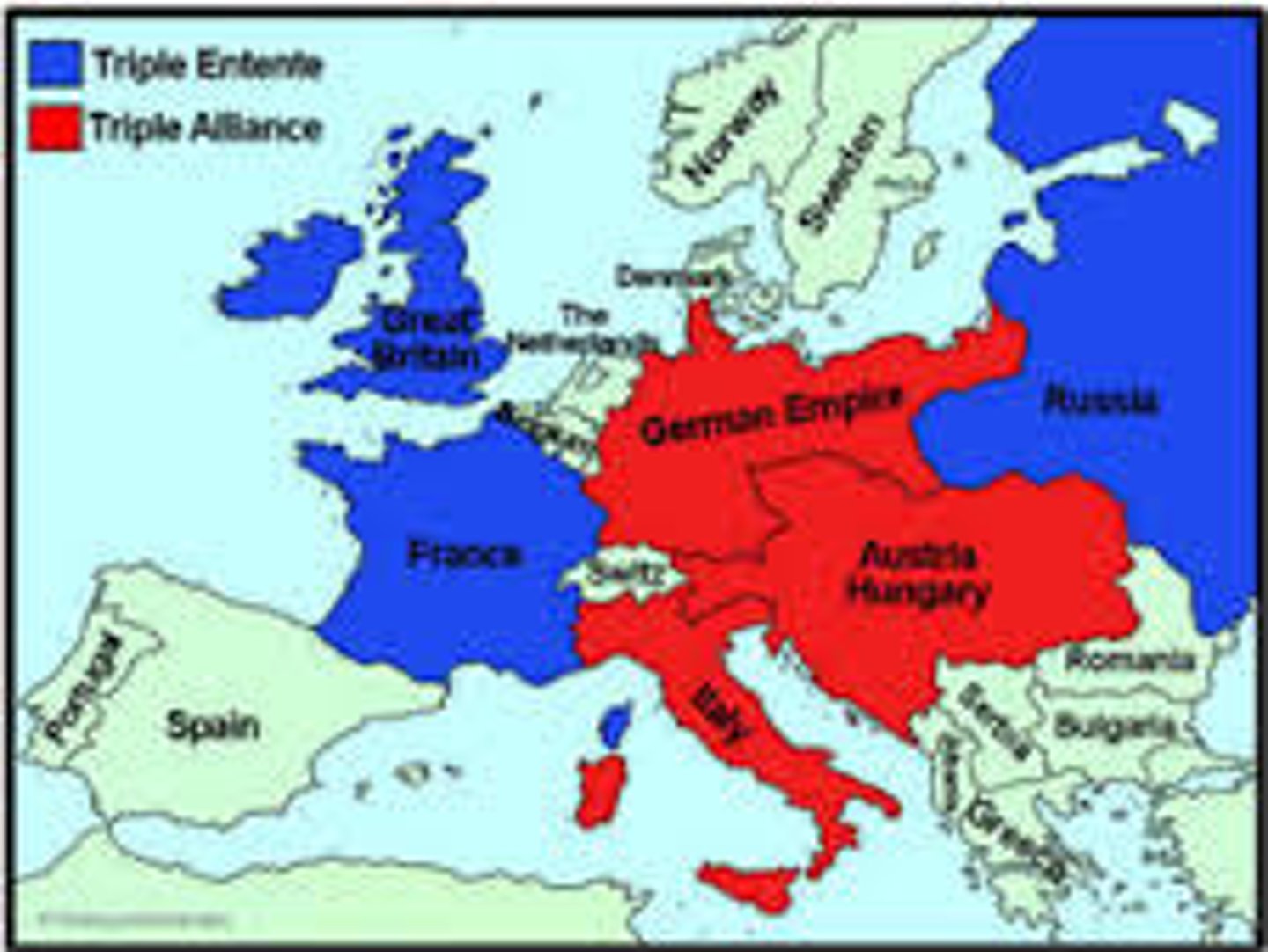 <p>Triple Alliantie: Duitsland, Oostenrijk-Hongarije, Italië</p><p>Triple Entente: Frankrijk, Rusland, Groot- Brittannië</p>