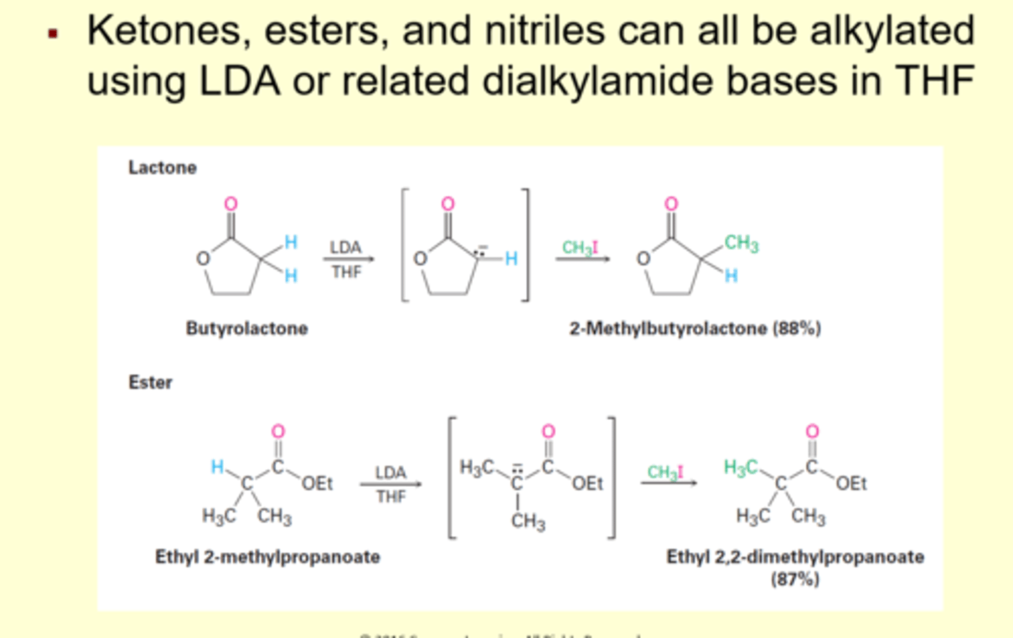 <p>Alkylation of enolate ions</p><p>- just replacing an h with a r</p><p>- tertiary halides don't react at all because of competing elimination</p>