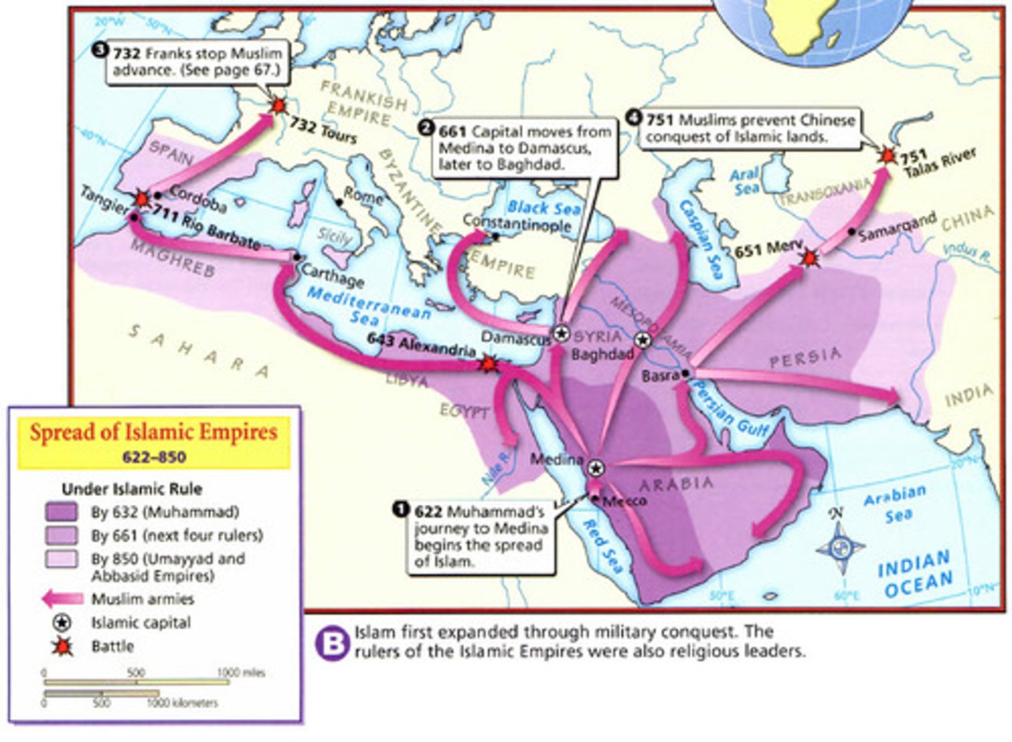 <p>(661-1258CE) The Islamic caliphate that established a capital at Damascus, then later Baghdad. Conquered North Africa, the Iberian Pennisula, and the Middle East. Had an extensive bureaucracy and encouraged long-distance trade.</p>