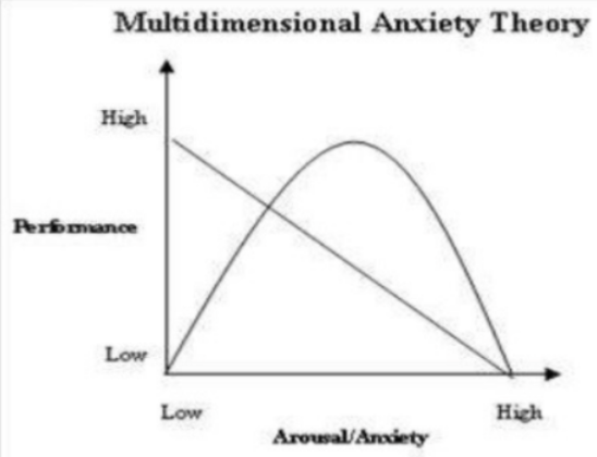 <ul><li><p>cognitive anxiety is negatively related to performance</p></li><li><p>somatic anxiety is related to performance in an inverted-U pattern</p></li></ul><p></p>