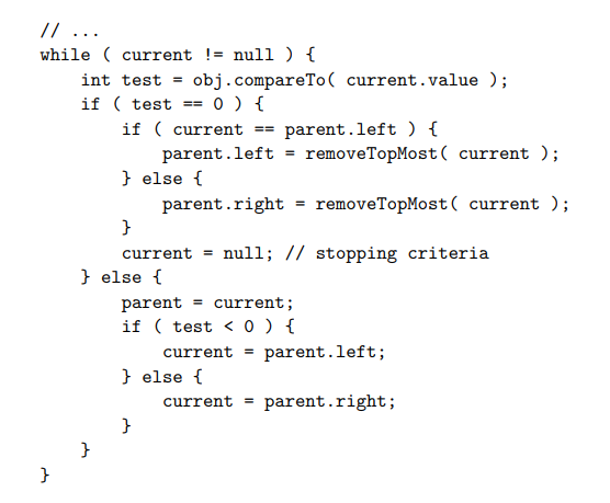 <ul><li><p>first if-statement is for if the obj-to-be-removed is found</p></li><li><p>second if-statement is for if you still need to traverse</p></li></ul><p></p>