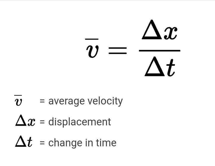 <p>v= <span style="font-family: Google Sans, Roboto, Arial, sans-serif">Δx / Δt</span></p><p><span style="font-family: Google Sans, Roboto, Arial, sans-serif">Velocity= Displacement / Time Elapsed</span></p><p>*Average speed is not necessarily equal to the magnitude of the average velocity</p>