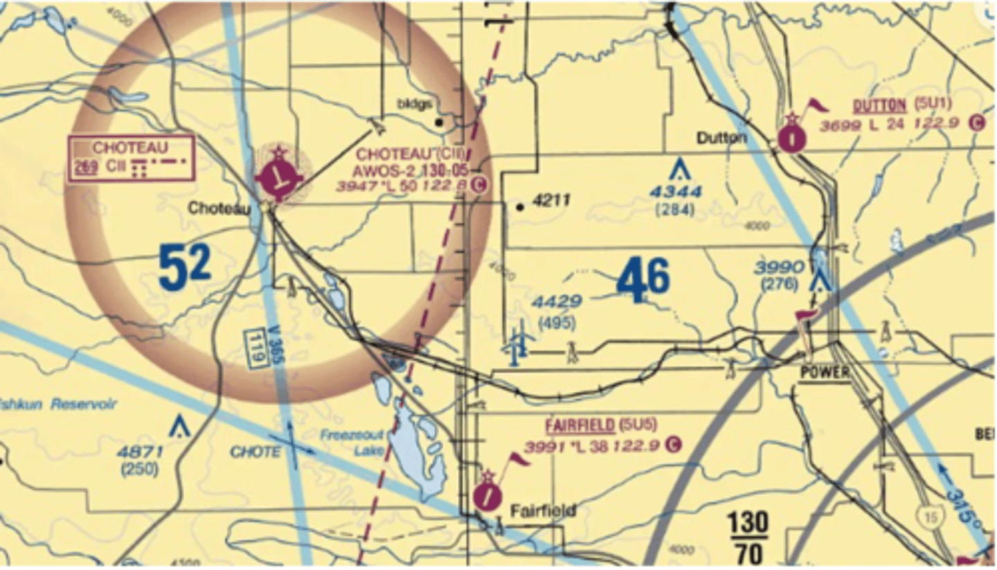 <p>Choteau</p><p>The tick marks around the basic airport symbol for Choteau airport indicate that fuel is available and the airport is tended during normal working hours?</p>