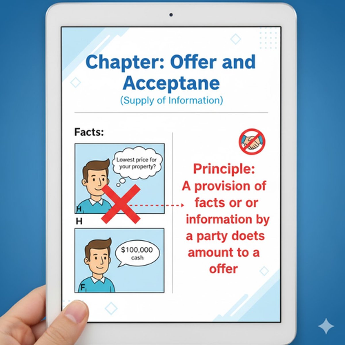 <p>Chapter: Offer and Acceptance (Supply of Information)</p><p>Facts: H asked F what the lowest cash price he would accept for his property would be. F answered and H saw this as a formal offer which he accepted.</p><p>Principle: A provision of facts or information by a party does not amount to an offer.</p>