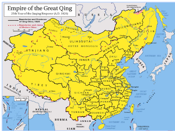 <ul><li><p>China’s last imperial dynasty, overthrown in the ‘Double Tenth Revolution’ of 1911</p></li><li><p>The Qing were Manchu (as opposed to Han Chinese) from the far north (an area called Manchuria)</p></li><li><p>The Qing kept many Chinese social structures but also introduced some of their own</p></li><li><p>After a period of stability, in the late 1790s  the Qing Emperor Qianlong began to make erratic decisions which sparked peasant revolts- this became an ongoing issue and was a major factor in destabilising the Qing</p></li></ul>