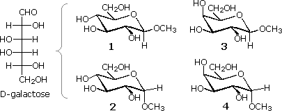 <p><em>Which of the structures 1 through 4 is methyl α-D-galactopyranoside?</em></p>