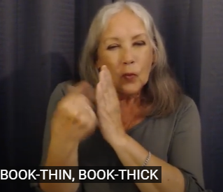 sign for book then put ndom hand with flat pinky out. Dom hand pinches up and down the ‘spine’ (suck cheeks). Or sign for book then put ndom hand palm up and then sign C on top and make huge face