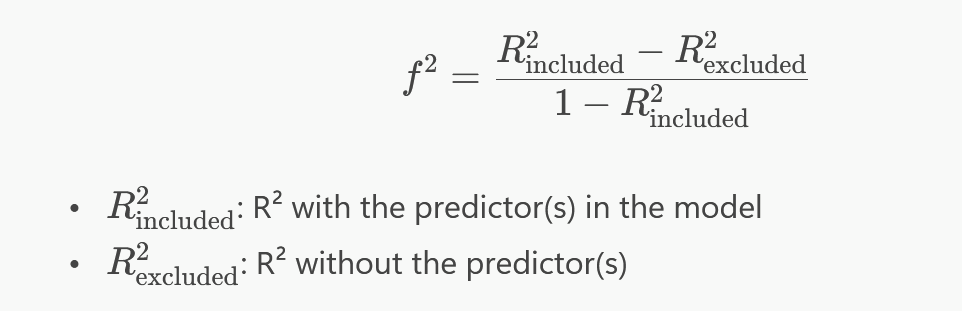 <ul><li><p>quantifies the impact of a predictor on the DV beyond what is already explained by other predictors</p></li><li><p>.02 → small effect, .15 → medium effect, .35 → large effect</p></li></ul><p></p>