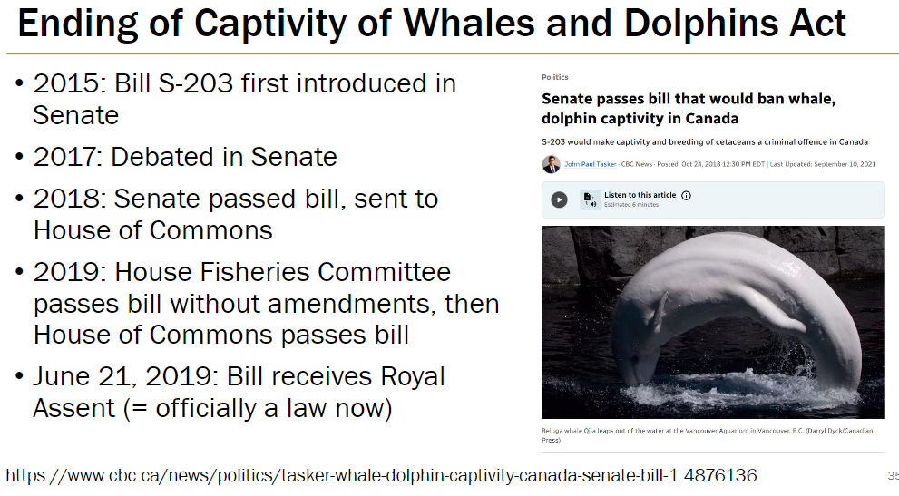 <p><strong>Legislative Timeline</strong><br> 2015: Bill S-203 first introduced in Senate<br> 2017: Debated in Senate<br> 2018: Senate passes bill, sends to House of Commons<br> 2019: House Fisheries Committee passes bill without amendments; House of Commons passes bill<br> June 21, 2019: Bill receives Royal Assent and becomes law</p>