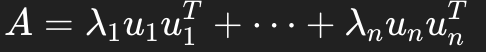 <p>If A = PDP<sup>T</sup> with orthonormal eigenvectors u<sub>i</sub> :</p><ul><li><p>A = picture</p></li></ul><p>Each term is rank - 1</p><p>Each u<sub>i</sub>u<sub>i</sub><sup>T</sup> is a projection matrix </p><p></p><p>Shows how A acts direction by direction</p><p></p>