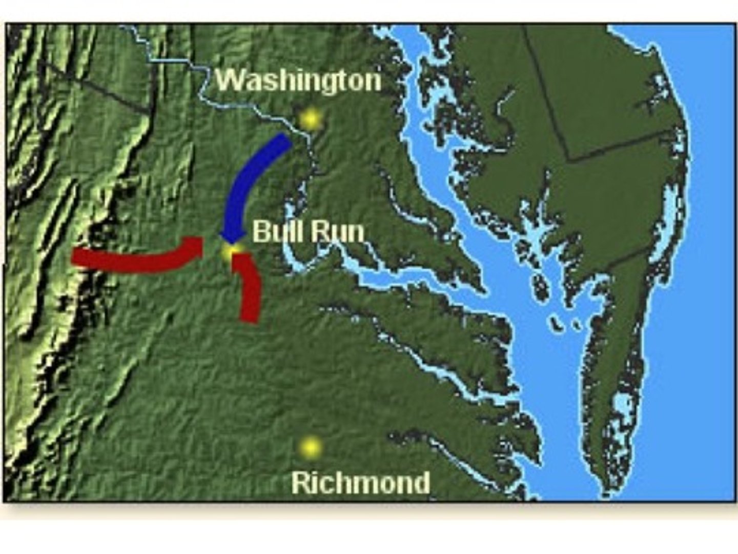<p>-When: 1861</p><p>-Who: McDowell's union army vs Stonewall's CSA army</p><p>-Where: Manassas, VA in Bull Run Creek</p><p>-North = wanted better positioning in border states for future battles</p><p>-Stonewall's determination broke Union lines, North retreated back to WA, DC</p><p>-Confederates won</p><p>-When North realized and accepted war would be longer and bloodier than expected</p>