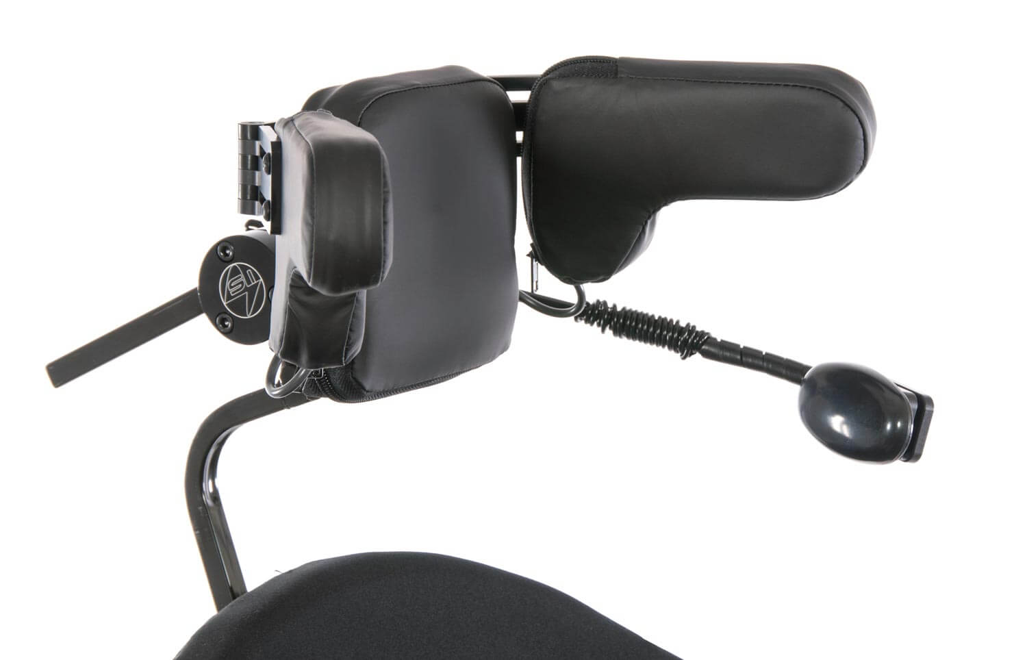 <p>- usually has a three piece headrest (two side pads and one center) with proximity switches built into each pad - by being in proximity to the switch embedded in the pad, the client moves the wheelchair in the desired direction.</p>