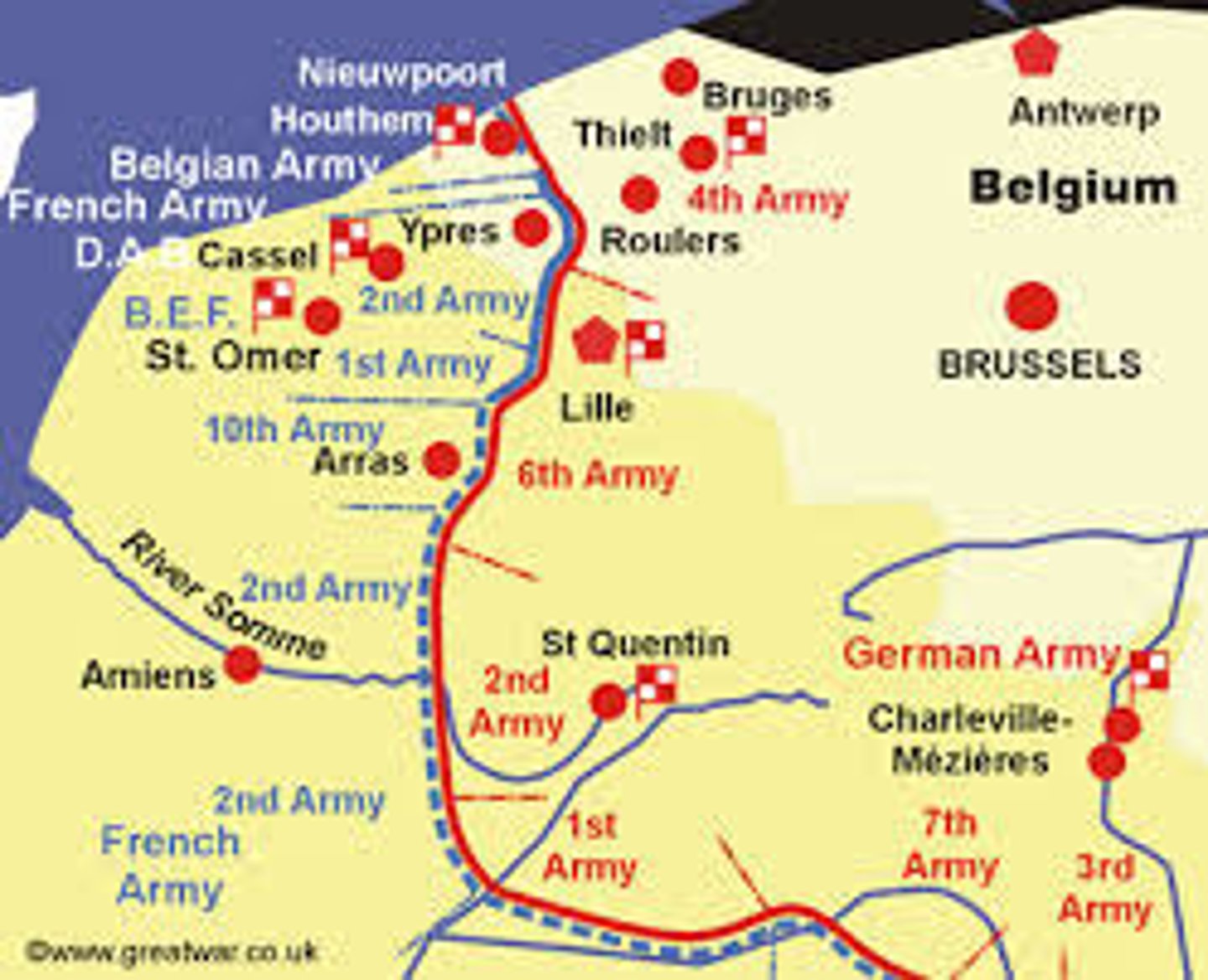 <p>A line of trenches and fortifications in World War I that stretched without a break from Switzerland to the North Sea. Scene of most of the fighting between Germany, on the one hand, and France and Britain, on the other.</p>