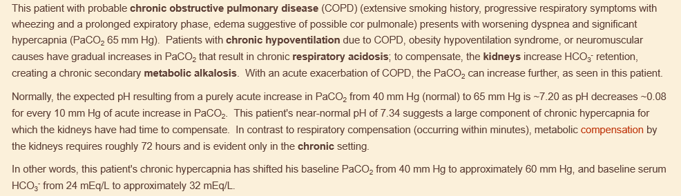 <p>renal tubular compensation (metabolic alkalosis) to combat respiratory acidosis long-term </p>