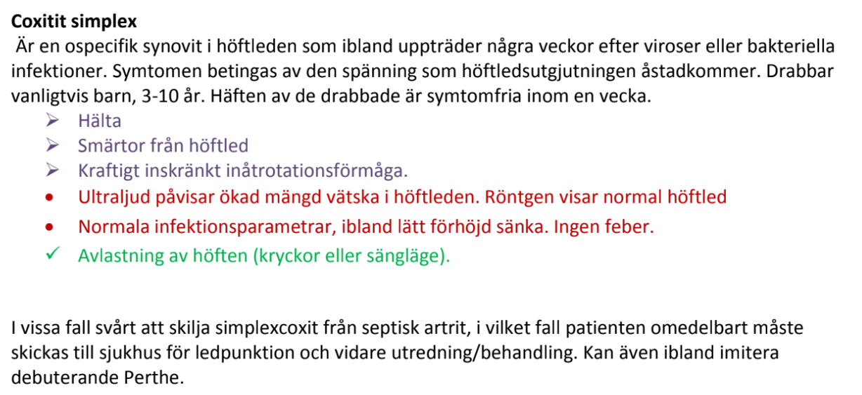 <p><strong>Troligaste diagnosen:</strong><br><span data-name="check_mark_button" data-type="emoji">✅</span><span> </span><strong>Coxitis simplex (transient synovit)</strong></p>