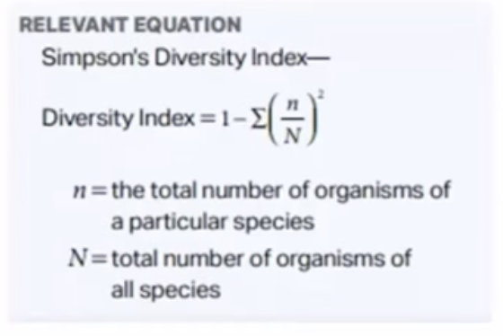 <p>This equation takes into account both species richness and relative abundance, the closer the answer is to 1 the greater the biodiversity</p>