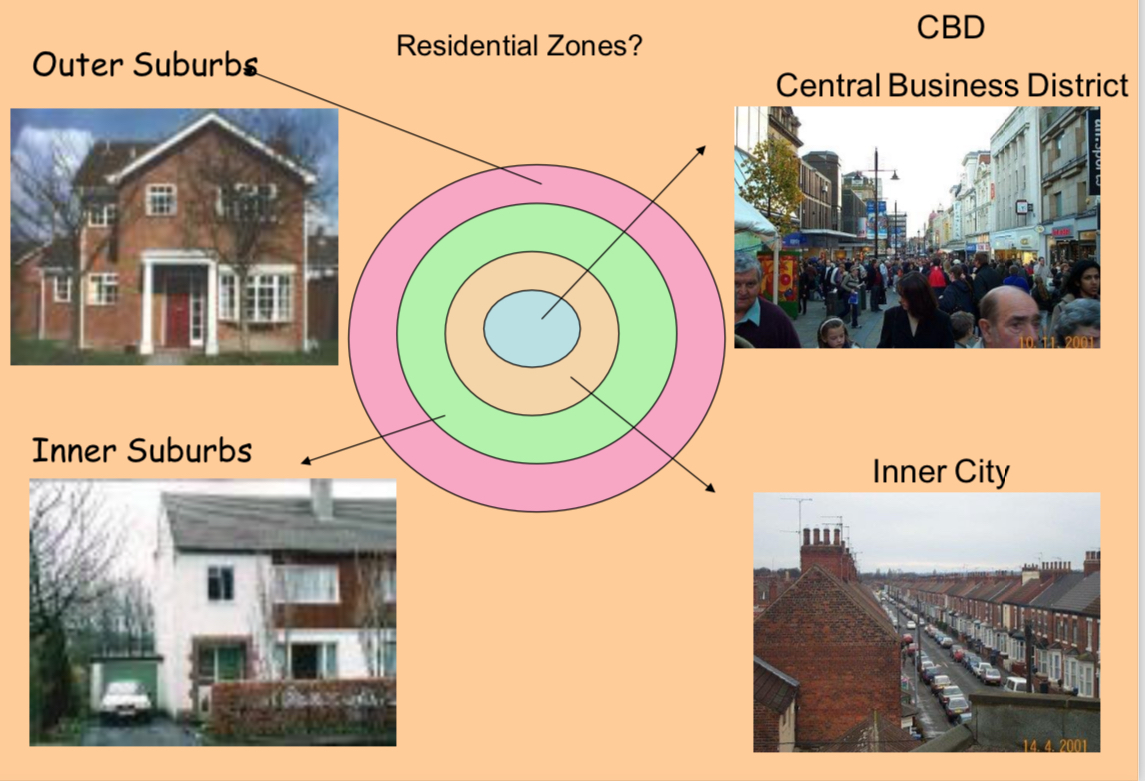 <p>A model that splits urban areas into 4 categories: CBD, Inner city, Inner suburbs, outer suburbs</p>