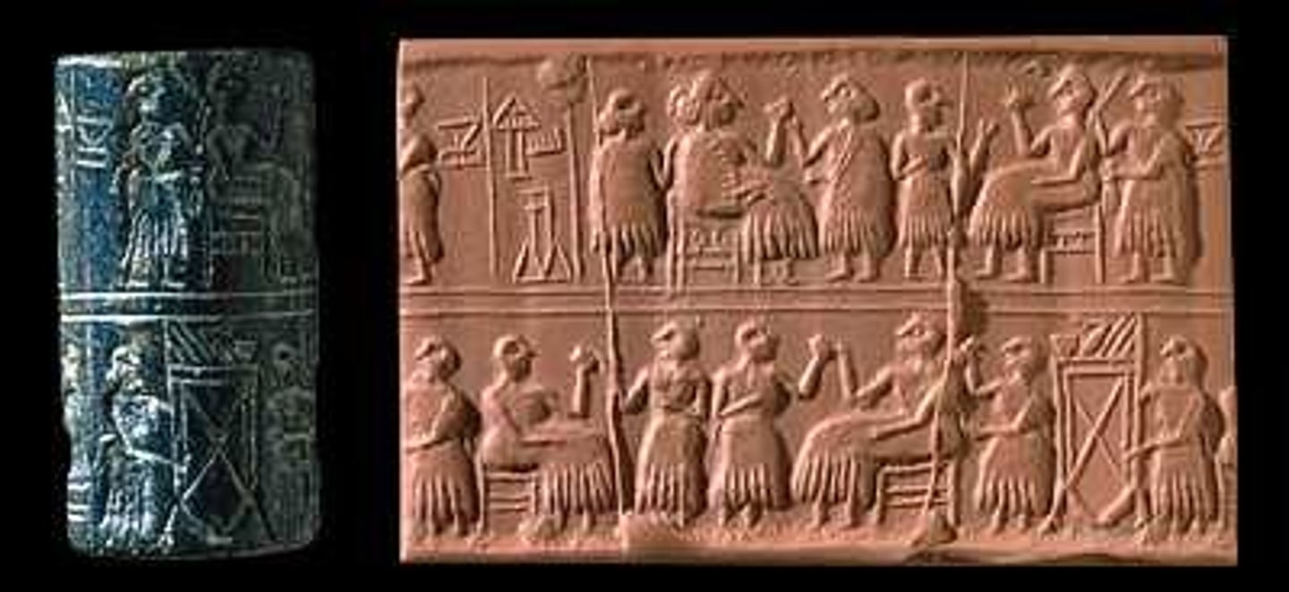 <p>A carved cylinder (ca. 2550-2400 BCE) used to roll images into clay, found in Tomb 800 at Ur.</p>
