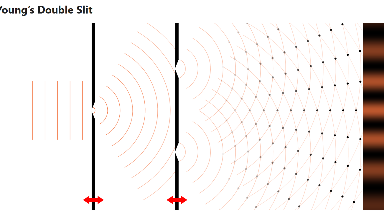 <p>monochromatic light from onto a narrow slit . it undergoes diffraction nd illuminates two more slits where diffraction happens again and light from each overlaps eachother , interference occurs.</p><p>since the linees are line sources the interference pattern consists of a series of parallel bright and dark lines known as interference fringes</p>
