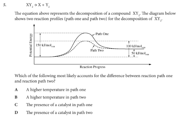 <p>Which of the following most likely accounts for the difference between reaction path one and reaction path two?</p>