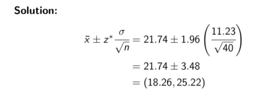 <p><span>Interpretation: If we were to take repeated samples of 40 employees and calculate intervals in a similar manner, then 95% of such intervals would contain the true mean hourly wage.</span></p>