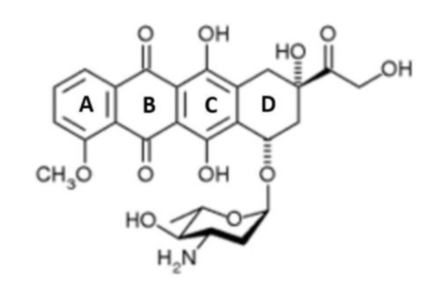 <p>Which lettered ring in Epirubicin is NOT part of the 9,10-anthraquinone pharmacophore?</p>