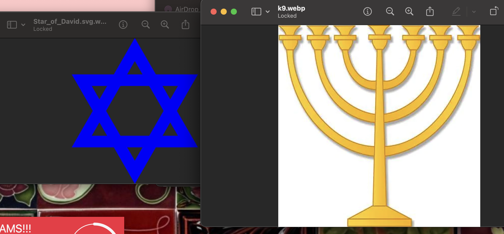 <p>Star of david- Represents <strong>divine protection</strong></p><p>Menorah- symbolises <strong>Light</strong>, <strong>wisdom</strong>, and <strong>divine presence</strong></p>