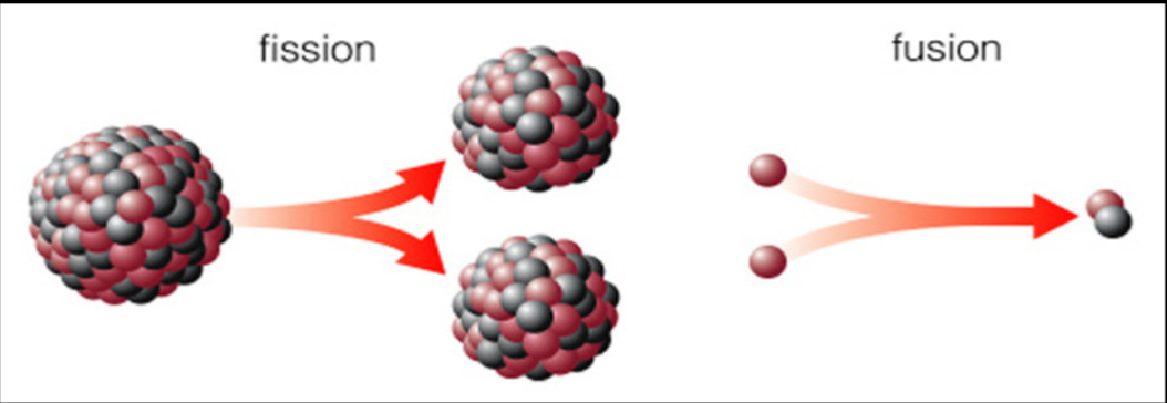 <p>Nuclear fusion is what happens in stars its the conversion of Hydrogen into Helium and Energy, nuclear fission is radioactive and is used in atomic power, requires complex nuclei.</p>