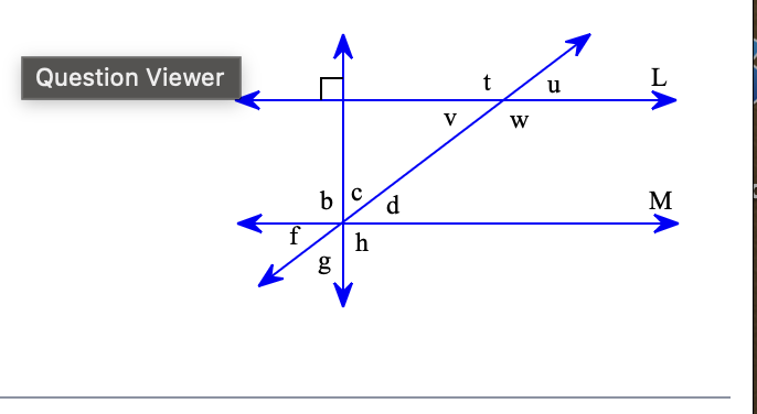 <p><span style="background-color: transparent !important;"><span>Lines L and M are parallel. Determine which of the lettered angles are supplementary angles to </span></span><span style="line-height: 0; background-color: transparent !important;"><span>angle</span></span><span style="line-height: 1.2; background-color: transparent !important;"><span>∠</span></span><span style="background-color: transparent !important;"><span>t.</span></span></p>