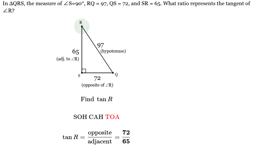 <p>Tan R = 72/65</p>