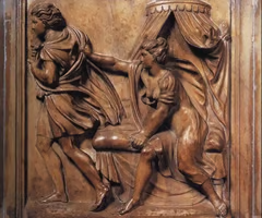 <p>Baroque marble panel depicting Joseph resisting temptation.</p>