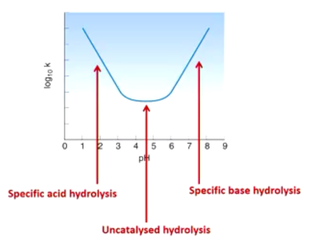 <p><u>Specific acid hydrolysis:</u> hydrolysis catalysed by presence of H+ </p><p><u>Specific base hydrolysis:</u> hydrolysis catalyse by presence of OH-</p>