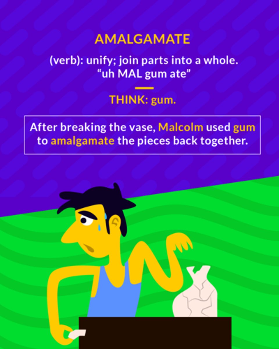 <p>(v.) unify, join parts into a whole</p><p>(v.) to unite</p>