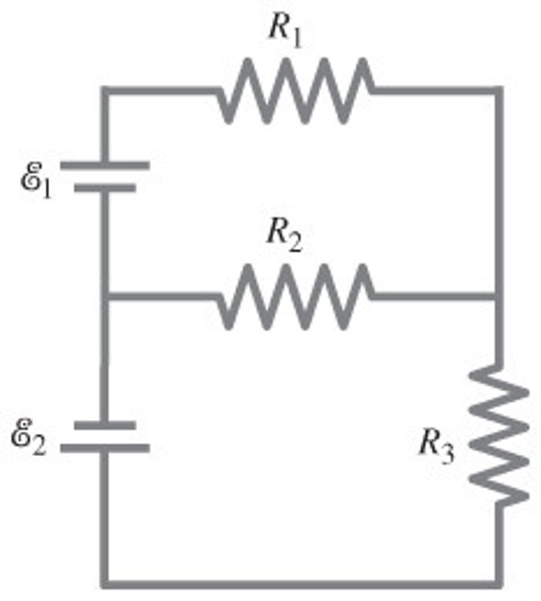 <p>Junction Rules:<br>I_2 = I_1 + I_3 (1)<br>I_1 = I_2 - I_3 (2)<br><br>Loop Rules:<br>E_1 - I_1R_1 - I_2R_2 = 0 (a)<br>E_2 - I_3R_3 - I_2R_2 = 0 (b)<br><br><br>Substitute (2) into (a) and solve for I_2. Plug result into (b). Then use (1) to calculate I_1.<br><br>(Add internal resistance the next time).</p>