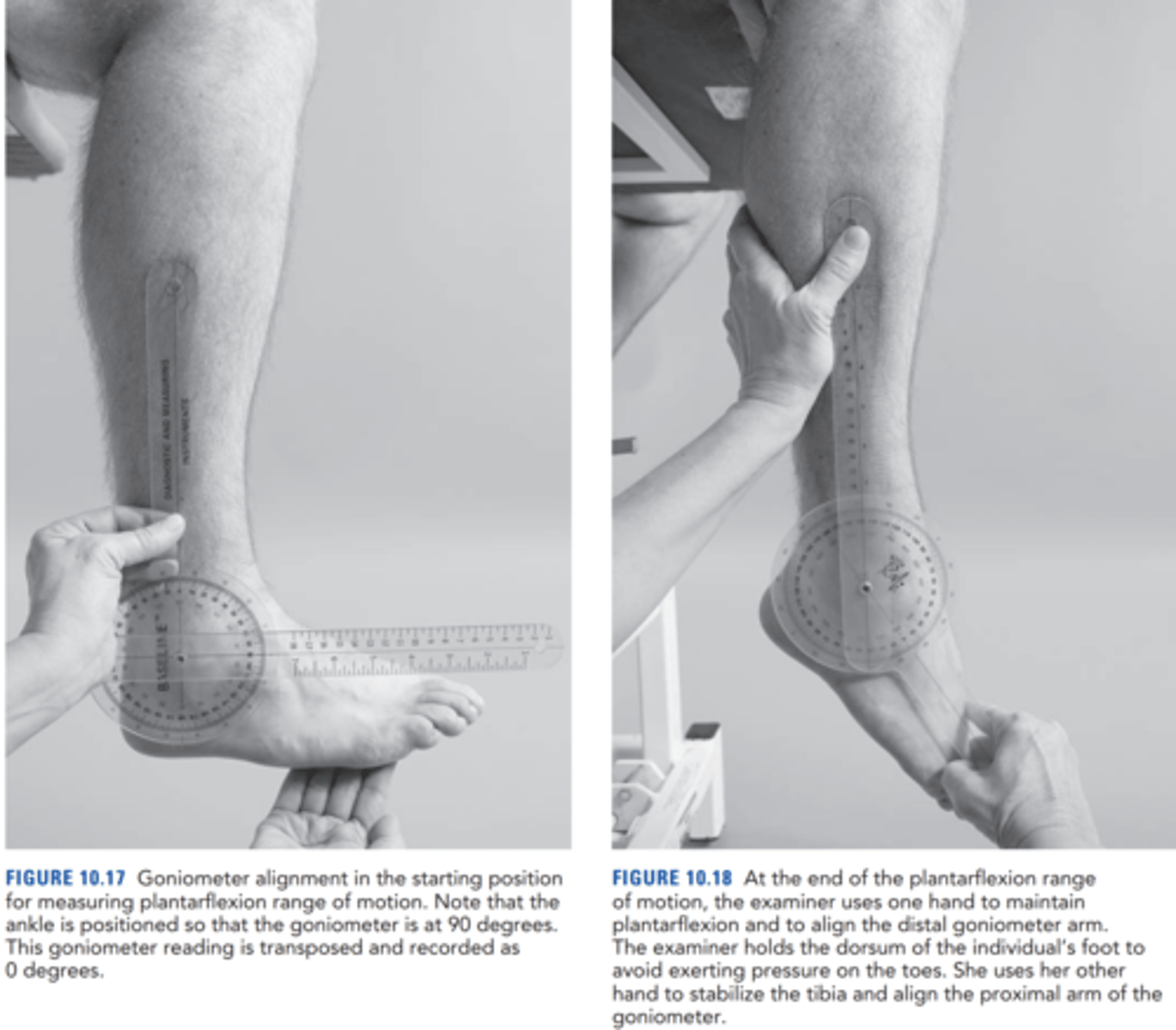 <p>seated</p><p>stationary arm: lateral epicondyle </p><p>fulcrum: lateral malleolus</p><p>moving arm: parallel to 5th metatarsal </p>