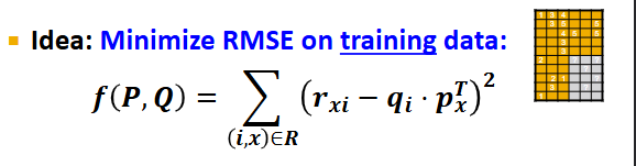 <p><span>Recall, we represented the utility matrix R as Q * P^t</span></p><p></p><p><span>Background: SVD uses the minimized sum of squared errors to determine optimal P and Q. However, SVD goes through ALL values in the utility matrix R, and isn’t defined when entries are missing; no rating is interpreted as zero rating. In our case, R is often sparse and has missing entries. So, we need another approach to find P and Q.</span></p><p></p><p><span>Approach: minimize RMSE on training data (i.e., find P and Q such that predicted ratings are as close to the true ratings as possible), hoping that it also minimizes RMSE on unseen test data:</span></p><ul><li><p>f(P, Q) = [sum for all (i,x)ER] (r<sub>xi</sub>&nbsp;- dot(q<sub>i</sub>, p<sub>x</sub>^t))²&nbsp;</p><ul><li><p>NOTE: here, we’re only iterating through the values of matrix R that are in the training set; we’re not iterating through any values in the test set (bottom right quadrant of R)</p></li></ul></li><li><p>find P and Q that minimize f via gradient descent:</p><ul><li><p>compute derivative f’</p></li><li><p>start at some point y and evaluate f’(y); this gives us the gradient (slope) of f at y</p></li><li><p>take a step in the reverse direction of the gradient: y = y - f’(y)</p></li><li><p>repeat re-computations of y until converged</p></li></ul></li><li><p>for this problem specifically, gradient descent looks like this:</p><ul><li><p>initialize P and Q (using SVD, pretend missing ratings are 0)</p></li><li><p>perform gradient descent for P and Q:</p><ul><li><p>P ← P - n*P’</p><ul><li><p>P’ = derivative of matrix P, which is just the derivative of the function f(P, Q) we’re minimizing with respect to p<sub>x </sub>= [sum for all (i,x)ER] (-2 * q<sub>ik</sub>&nbsp;(r<sub>xi</sub>&nbsp;- dot(q<sub>i</sub>, p<sub>x</sub>^t)))</p></li><li><p>n = learning rate</p></li></ul></li><li><p>Q ← Q - n*Q’</p><ul><li><p>Q’ = derivative of f(P, Q) with respect to q<sub>i</sub>&nbsp;= [sum for all (i,x)ER] (-2 * p<sub>xk</sub>&nbsp;(r<sub>xi</sub>&nbsp;- dot(q<sub>i</sub>, p<sub>x</sub>^t)))</p></li></ul></li><li><p>repeat re-computations of P and Q until convergence</p></li></ul></li></ul></li></ul><p></p>