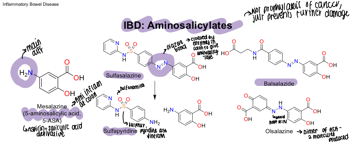 <p>Sulfasalazine has a diazole bond, sulfapyridine also contains a sulphur and pyridine that will decrease inflammation, </p>
