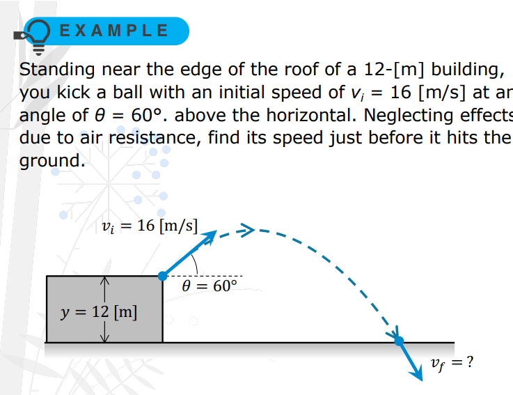 <p>Standing near the edge of the roof of a 12[m] building, you kick a ball with an initial speed of vi = 16 [m/s] at an angle of θ = 60°. above the horizontal. Neglecting effects due to air resistance, find its speed just before it hits the ground.</p>