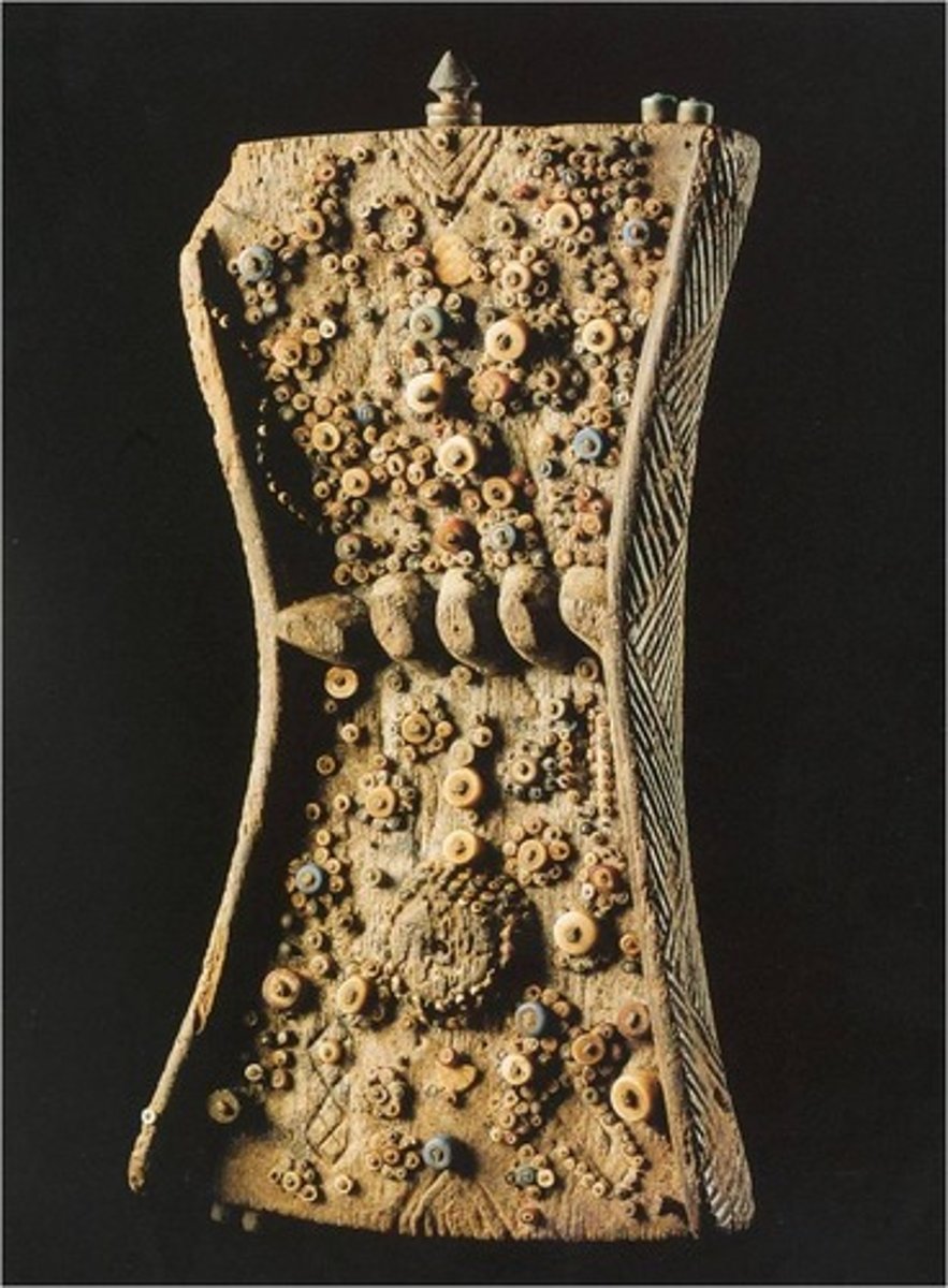 <p>Mbudye society, Luba peoples</p><p>Democratic Republic of Congo</p><p>wood, beads, metal</p><p>record keeping item (meant to be read/interpreted by skilled masters)</p>