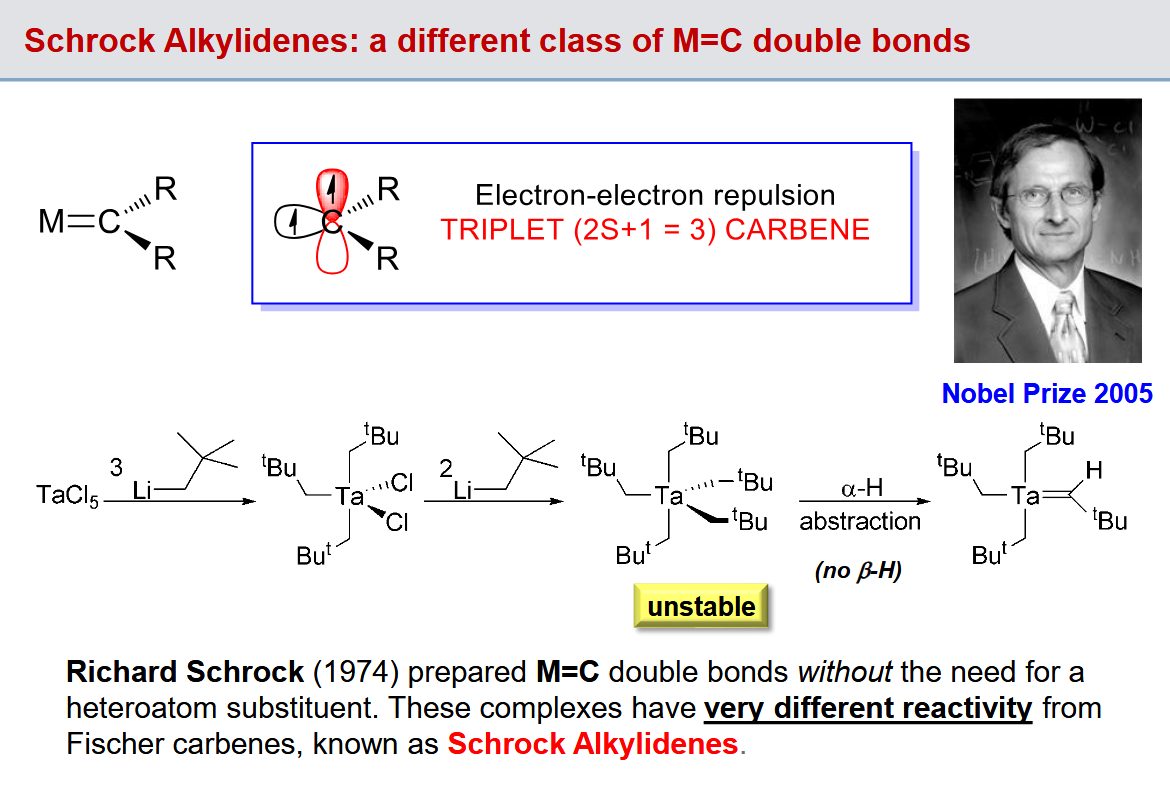 <p>Does not have a heteroatom, instead has an aromatic or alkyl substituent and the other ligands are bulky for steric hindrance</p><p>Triplet carbene</p>