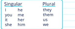 <p>Make sure the pronouns in singular or plural to match the object it’s replacing.</p>
