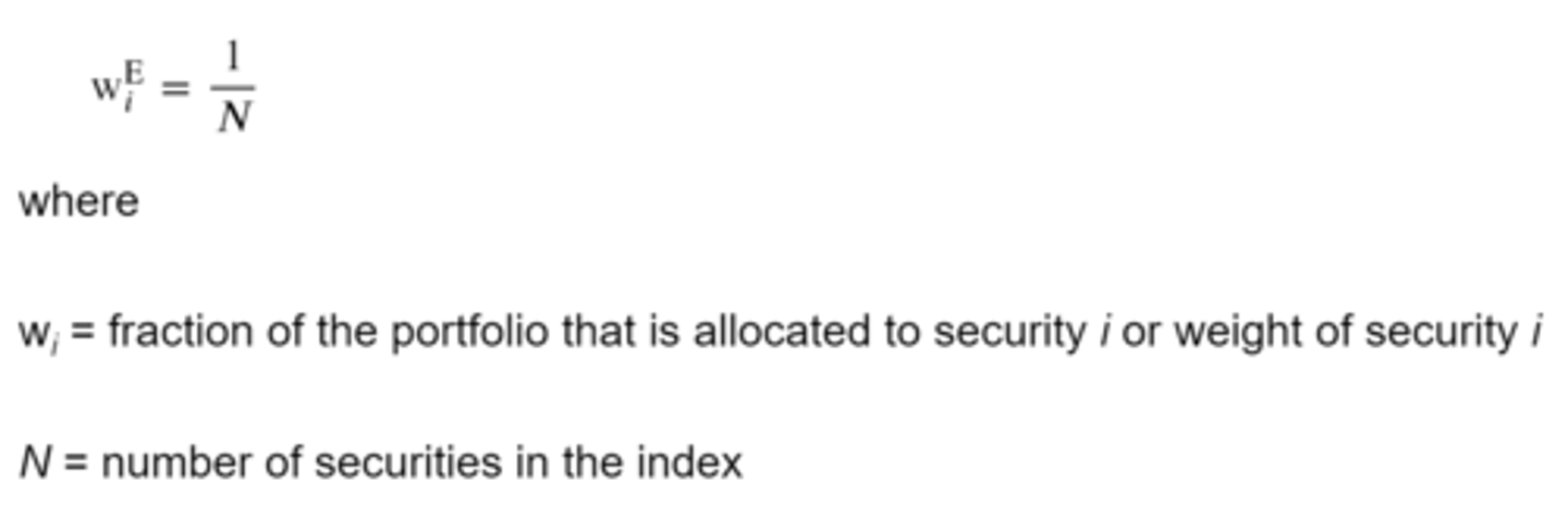 <p>An index weighting method in which an equal weight is assigned to each constituent security at inception. Requires constant readjustments as prices of constituent securities change (i.e., most susceptible to rebalancing). Mirrors the returns on a portfolio with the same money amount invested in each security.</p><p>Assumed that an equal dollar investment is made in each stock in the index.</p><p>A disadvantage of an equal-weighted index is that securities that constitute the largest fraction of the target market value are underrepresented, and securities that constitute a small fraction of the target market value are overrepresented.</p>