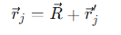 <p>Its the sum of the vector of the centre of mass<strong> R⃗ </strong>and the radius vector <strong>r⃗<sub>j</sub>’</strong> in the local frame:</p>