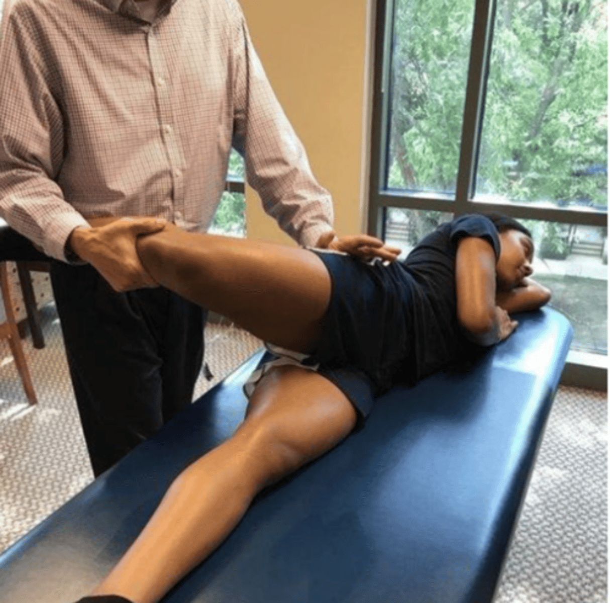 <p>purpose: test for anterior capsule instability </p><p>procedure:</p><p>- patient sidelying with test limb up</p><p>- examiner passively abducts the hip between 30-45 degrees with extension and ER</p><p>- examiner then applies an anteriorly directed force to the posterior aspect of the proximal femur (near greater trochanter)</p><p>positive finding: apprehension, instability, concordant anterior hip pain </p>