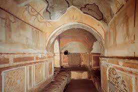 <p>Rome, Italy. Late Antique Europe. c. 200-400 C.E. Excavated tufa and fresco.</p>