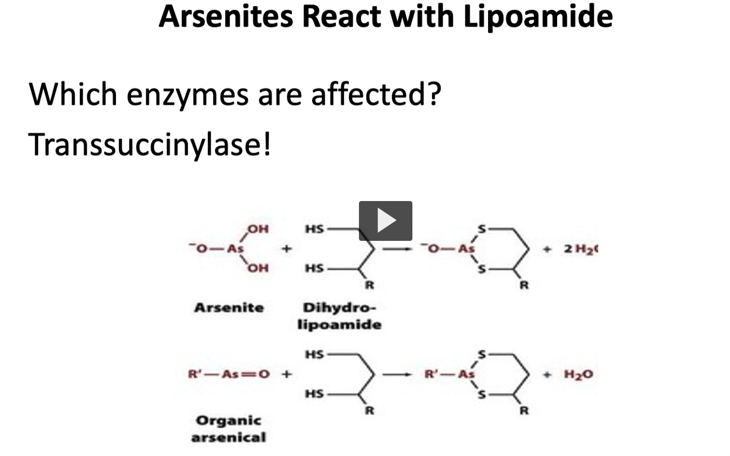 <p>lastly, we have arsenites, which react with cofactor lipoamide. </p><p>we talk about alpha ketoglutarate dehydrogenase complex </p><p>arsenates will bind and inactivate the coenzyme lipoamide needed, the enzyme that it will affect is transuccinylase </p>
