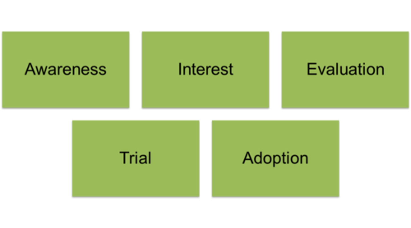 <p>Adoption process: A mental process through which an individual passes from first learning about an innovation to final adoption</p>