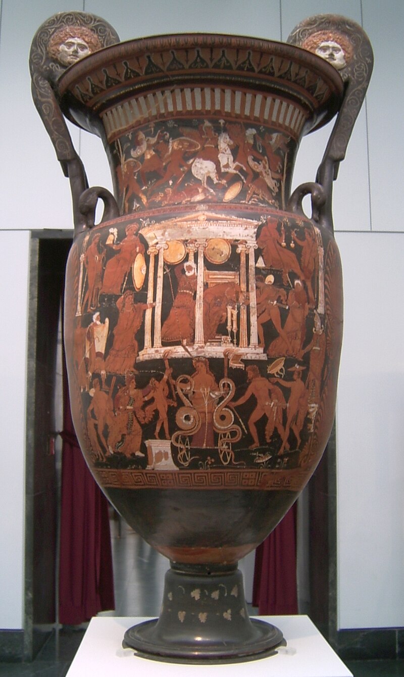 <p>Underworld Painter: Apulian red-volute krater, Medea’s adventures in Corinth, Greek, c. 320 BCE</p>