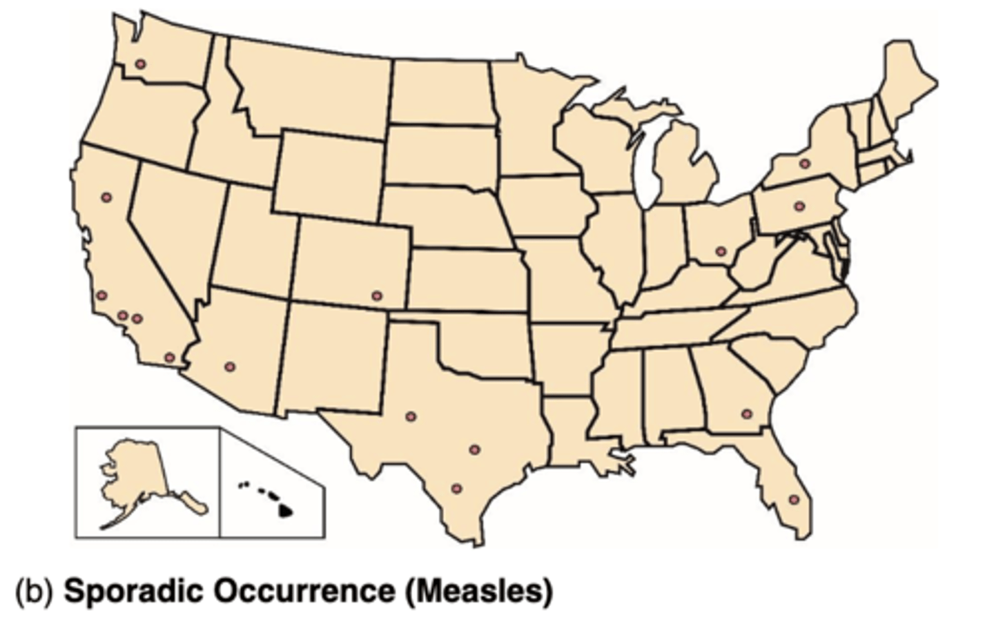<p>when occasional cases are reported at irregular intervals</p>