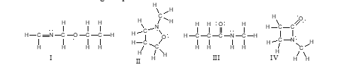 <p><span><span>Which of the following compounds are constitutional isomers of each other?</span></span></p><p>A) I &amp; II</p><p>B) III &amp; IV</p><p>C) I, II &amp; III</p><p>D) I &amp; IV</p><p>E) All of these</p>